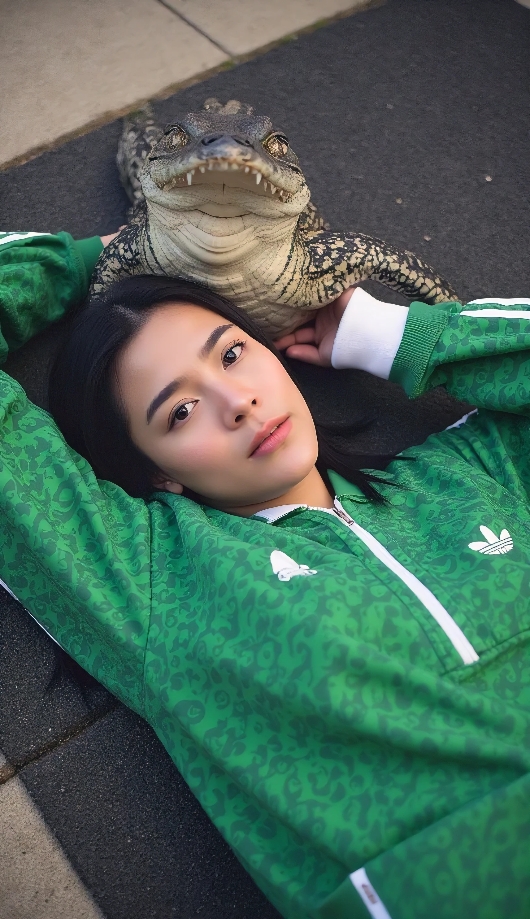 A hyper-realistic of a beautiful young woman with black hair lying on her back in a green, full-body tracksuit adorned with Adidas-style three stripes on her arms. She holds an alligator above her head with a look of calm confidence. wrapped her hand around the alligator. Her outfit combines modern activewear with bold panther-print detailing, styled in a unique rockabilly-inspired way. Her visible tattoos blend with the intricate textures of the tracksuit, while soft, striking light accentuates the paintstrokes and brings a vibrant quality to her skin and the alligator’s scales. The scene is artistic and surreal, showcasing both high-detail realism and expressive brushstrokes 