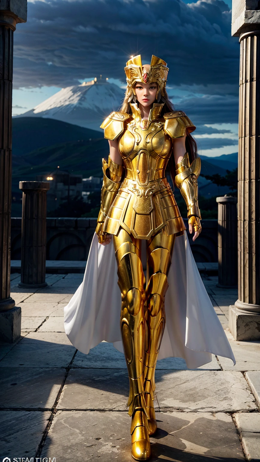 1GIRL, SOLO, (dark hair, hair gold ornament), (HUGE FAKE :1.3), (white, red, gold, FUTURISTIC MECHA BATTLE ARMOR, ROYAL CAPE, CLEAVAGE:1.5), (SKINTIGHT YOGA PANTS, HIGH HEELS:1.2), (GLAMOROUS BODY, SEXY LONG LEGS, FULL BODY:1.3), (FROM FRONT, LOOKING AT VIEWER:1), (WALKING DOWN ON STREET CHERRY TREES:1.3), PHYSICALLY-BASED RENDERING, ULTRA HIGHT DEFINITION, 8K, 1080P.