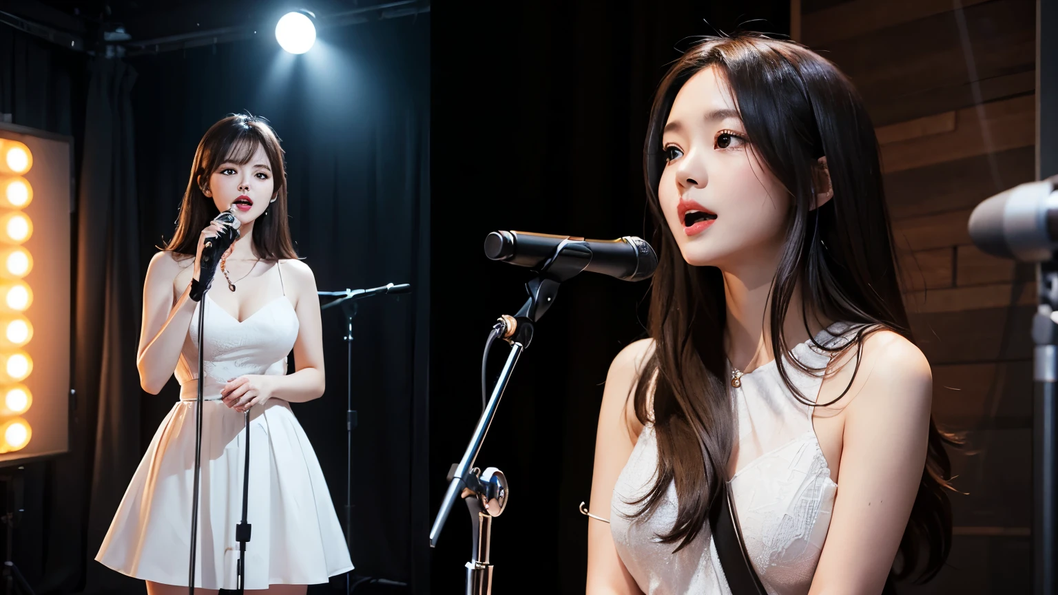 In the foreground stands a stunning 18 year old European woman in a professional recording studio, at the microphone. Her presence is mesmerizing, she exudes sophistication and attractiveness. Hair styled in an elegant hairstyle, falling in soft waves, shining under the studio light. She sings her song into a high quality studio microphone, Her look is intriguing and full of charisma. She's wearing a beautiful dress, fits her figure perfectly, both stylish and seductive.
The image must be made in an ultra-realistic style, conveying all the smallest details in ultra-high quality (16K, 8k). Full size photo shows her in full height, the whole figure is visible. The scene captures the essence of the singer, immersed in his performance, with pronounced details of the recording studio environment: Control panels, acoustic panels, Professional equipment. Light and shadows must be realistic, like in a professional photo, emphasizing the depth and volume of the image.
The image should look like this, as if it was shot on a professional camera, with high resolution and realism, including skin textures, fabrics and surfaces. Background bokeh effects and precise lighting add realism. A high-end lens captures all the subtleties of light and shadow, creating a feeling of volume and space. All elements of the frame should look clear and detailed, conveying ultra-realism and high image quality.