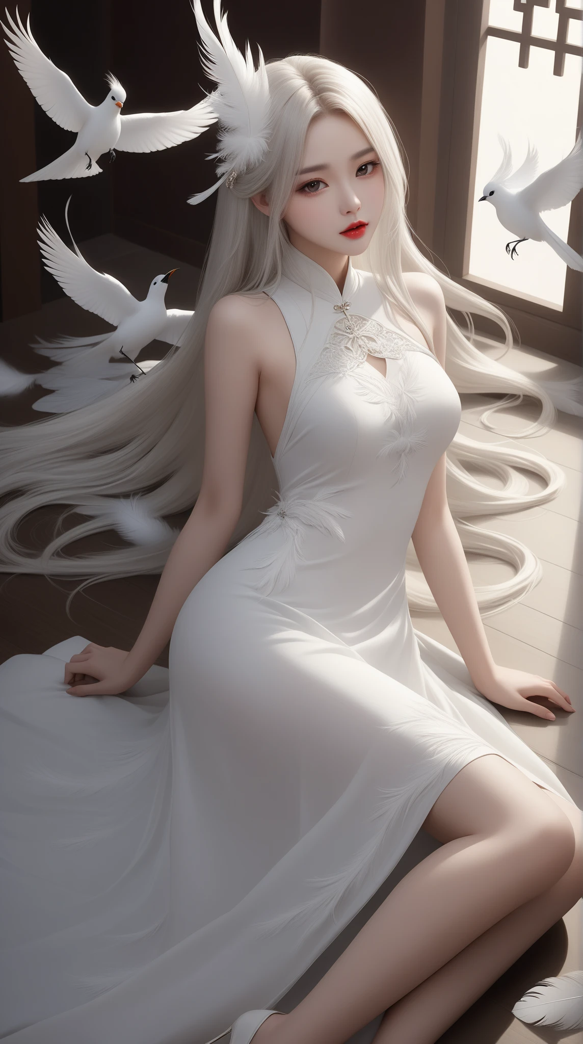 Chinese , 1girl, white long hair, beautiful detailed lips, white long dress, white feather and bird around, sexy pose on floor 