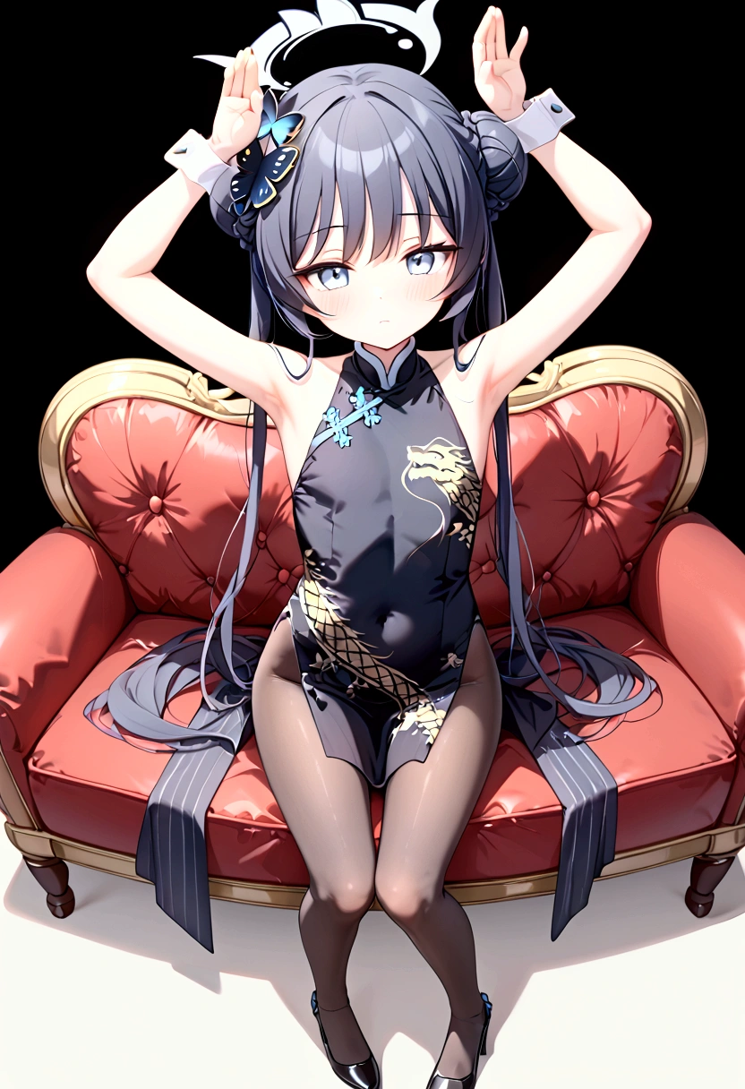 High image quality 、masterpiece、  High Quality   、Full HD、4K 、 depicting only one girl 、 looking at camera、 seen from above 、Depict the whole body、Kisaki(blue archive)、Black long hair 、Bun Hair、Blue hair ornament、  blue eyes、 slim、 flat chested、Grey Halo (Kisaki)、 Shy 、blush、 red cheeks 、 Black China Dress Style Uniform 、Gold embroidery、Hands above head、Bunny Pose、Long, slender legs、Thin black pantyhose、 wearing black high heels、誰もいない喫茶店でBunny Pose