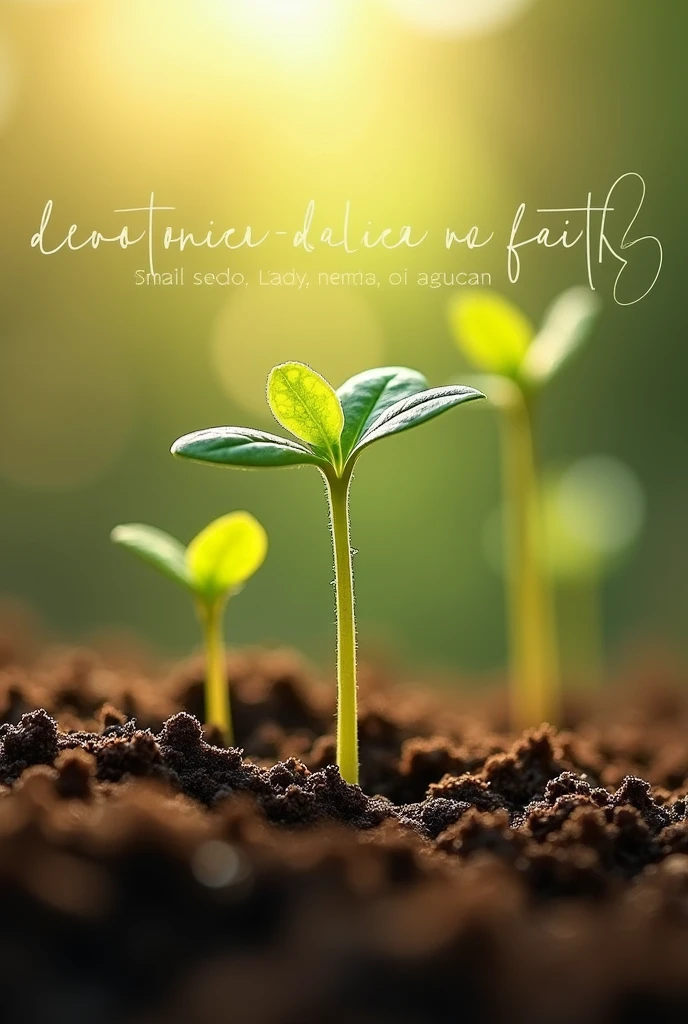 Create an image create an image of germinating seeds , and on the image write the phrase in Brazilian Portuguese: : Devotional Seeds of Faith,small seeds,Great Harvests "