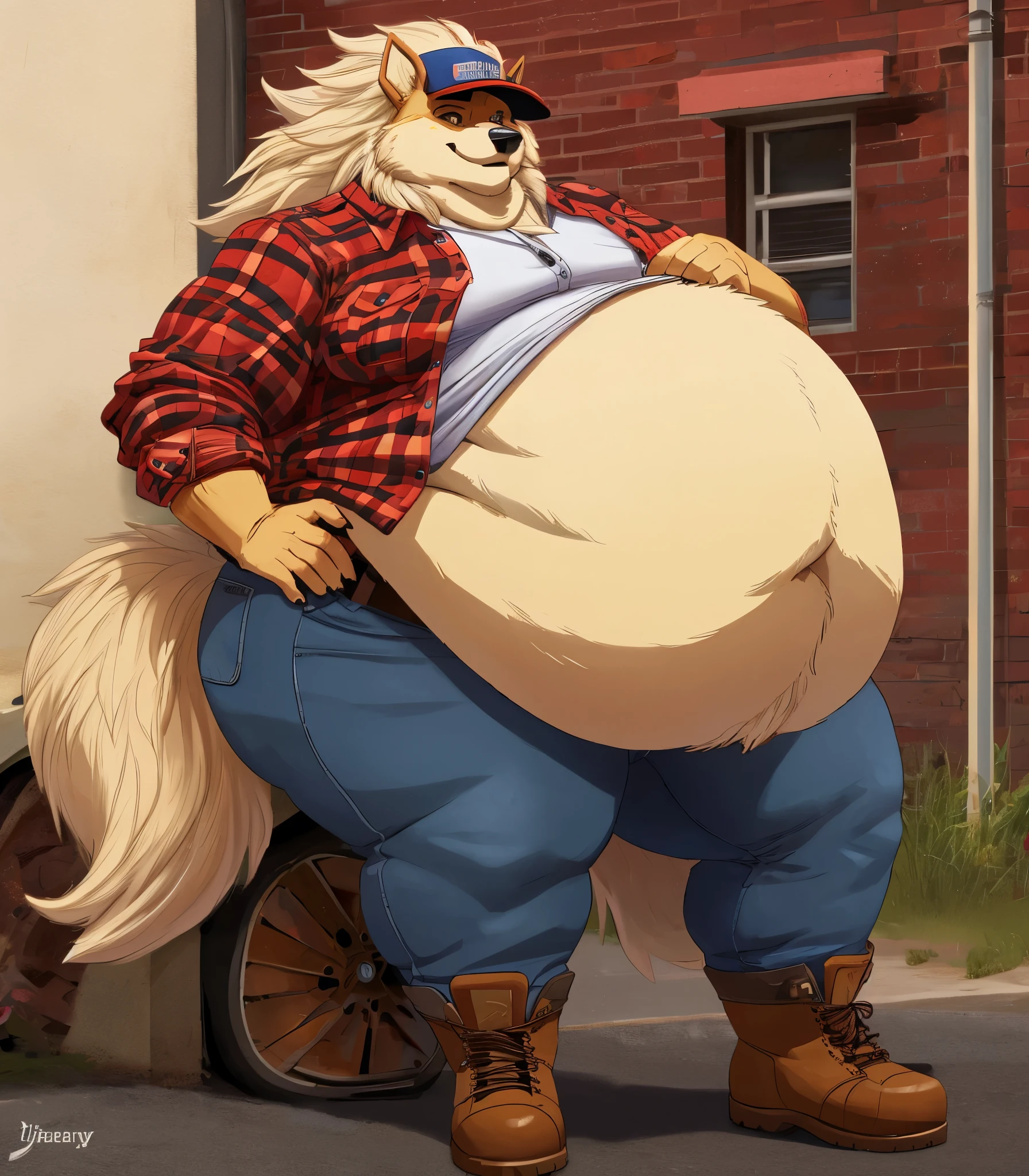 Solo, Arcanine, male, morbidly obese, hyper belly, trucker hat, red flannel shirt, rolled up sleeves, jeans, belt, work boots, arms crossed, truck stop