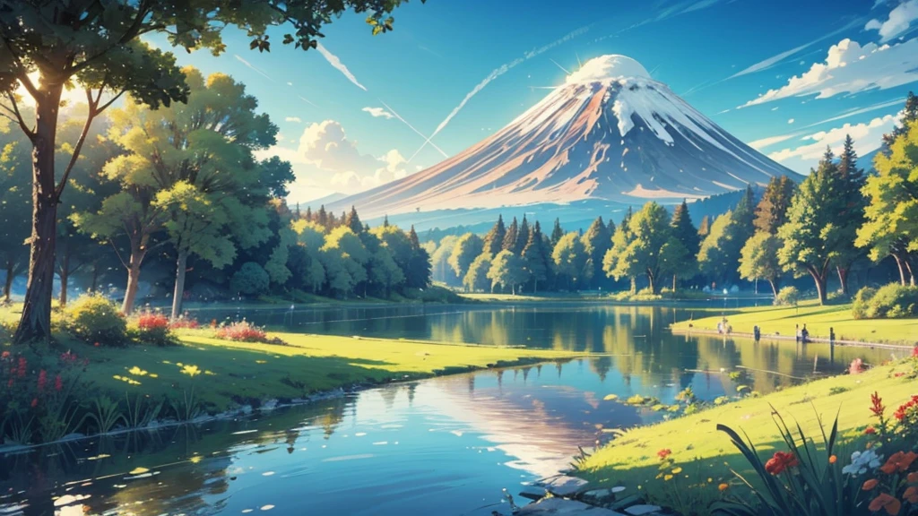 Create a view of a lake with vegetation on the banks and volcanoes in the large background, Bright sun daylight, 
