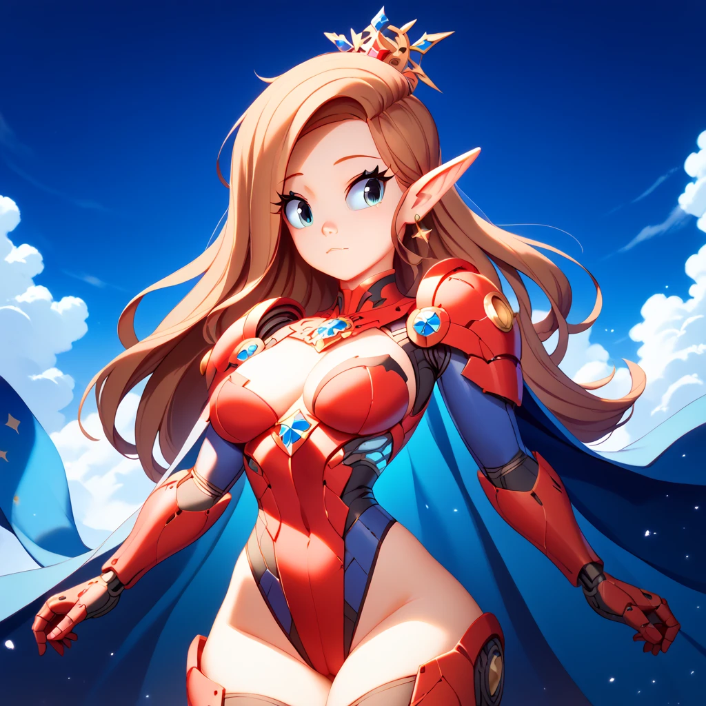 score_9, score_8_up, score_7_up, ((Masterpiece)), ((highres)), a detailed cyborg girl, long brown hair, cybernetic waist cape, beautiful anime eyes, red cyborg armor, cyberntic horns, defined elf ears, defined eyes, blue iris, long eye lashes, defined nose, curvy,