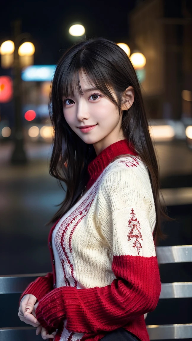 ((masutepiece))、(Best Quality)、ultra-detailliert、nightcity、Christmas tree、Smiling 20 year old woman、White knitted sweater、The upper part of the body、snowscape、japanes、Long black hair、Santa Hat