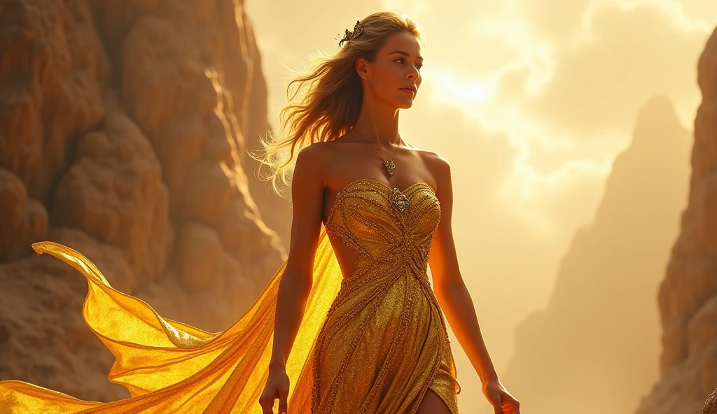 Amazing Photographic Scandinavian Woman. Copper hair with golden highlights, captivating blue eyes, draped in a elaborate evening gown, elegantly posing outdoors during a sunset, surrounded by a detailed and intricate background. The environment is bathed in cinematic and dramatic lighting, creating a hyper-realistic, high-definition image with a detailed and hyper-detailed skin texture. The photograph was captured with a Nikon D850 and a 4 camera Kodak Portra 400 lens, showcasing a rich color palette and hyper-realistic texture. This masterpiece, trending on ArtStation, is a testament to the photorealistic
