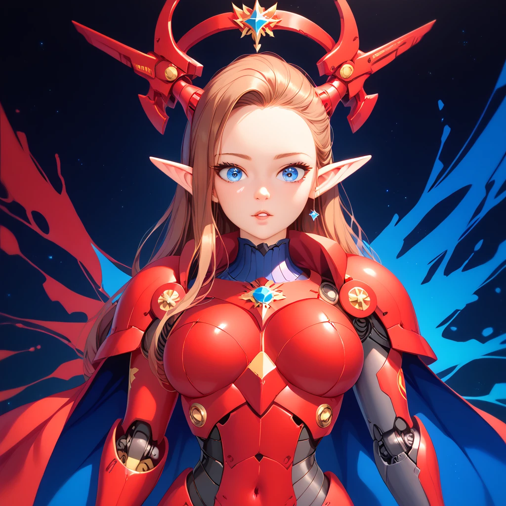 score_9, score_8_up, score_7_up, ((Masterpiece)), ((highres)), a detailed cyborg girl, long brown hair, cybernetic waist cape, beautiful anime eyes, red cyborg armor, cyberntic horns, defined elf ears, defined eyes, blue iris, long eye lashes, defined nose, curvy, ((black cybernetic background))