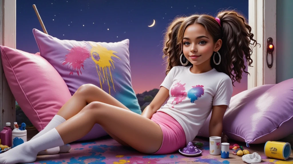 Inspired by a high-quality, high-resolution 3D movie poster from Disney Pixar, create the image of a girl, brunette Clara, with curly hair, of African descent, tied in a ponytail, a lock of pink hair, wearing paint brush earrings, lying down with her eyes closed, sleeping, with a slight smile on her lips, she rests in a creative environment where after making a pop art style wall painting in warm orange, yellow and red tones, she rests on colored cushions in an environment completely covered in paint, her face is covered in paint, her white t-shirt is dirty with paint, she has hot pink shorts, very short and sent into her vagina, covered in paint, her white knee socks are dirty with paint, the colorful cushions are dirty with paint, and in the background we have a very large window with starlight and moonlight she is she has an attractive sensual body she attracts the attention of men she is lying down sleeping with her eyes closed with the head resting on the pillows and the ink arms and the ink legs and the vaginal region THE ROOM WAS PAINTED IN WARM COLORS, TONES OF ORANGE, RED AND YELLOW, COUNTERPOINTING THE COLOR OF THE CUSHIONS IN COLD TONES, SUCH AS BLUE, PURPLE AND PINK,