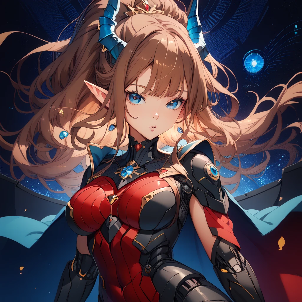 score_9, score_8_up, score_7_up, ((Masterpiece)), ((highres)), a detailed cyborg girl, long brown hair, cybernetic waist cape, beautiful anime eyes, red cyborg armor, cyberntic horns, defined elf ears, defined eyes, blue iris, long eye lashes, defined nose, curvy, ((black cybernetic background))