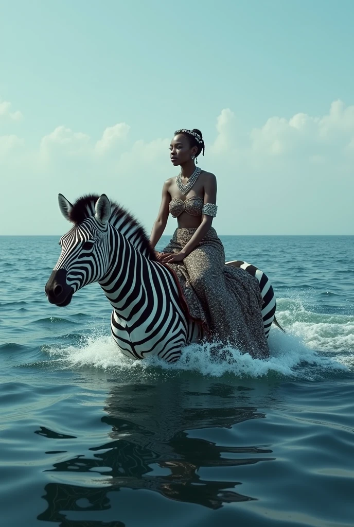 Make a dark-skinned Mermaid sitting on the sand of the beach looking at the sea next to a yellow, almost brown Pitbull