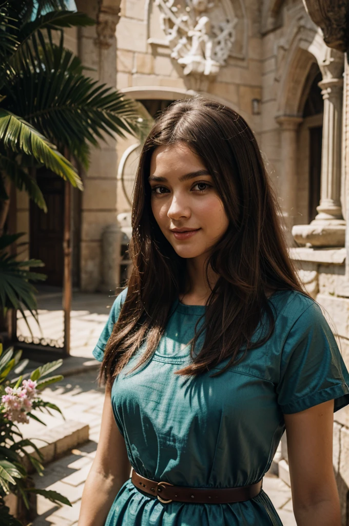 Too beautiful brunette with striking features Spanish Latin with long black hair 33 years old with big bright green eyes, taking a selfie dressed in clothes for the European Spring in Spain