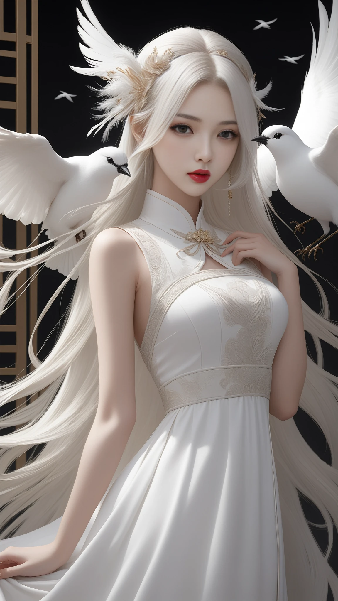 Chinese , 1girl, white long hair, beautiful detailed lips, white long dress, white feather and bird around, cool stand pose , พื้นหลังสีดำ , กลางคืน 