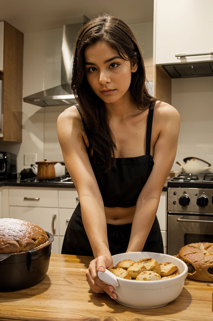 Wet skin, pale skin,(white skin),juicy lips, bimbo lips (afro curly Black hair), big green eyes, puffy breast, juicy lips, abs, Perfect body, Perfect hand, Perfect feet. She is cooking in a futuristic cyberpunk kitchen inside a dark, futuristic black and white spacecraft. (The kitchen is steamy),(is facing the camera), white delicate cyberpunk full clothes, apron