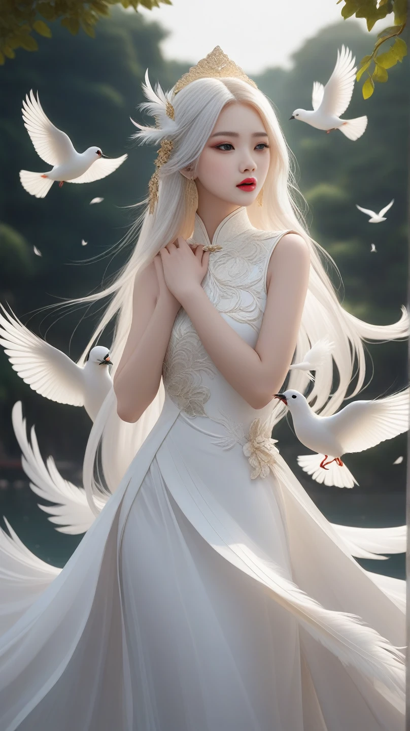 Chinese , 1girl, white long hair, beautiful detailed lips, white long dress, white feather and bird around, cool stand pose , พื้นหลังสีดำ , กลางคืน 