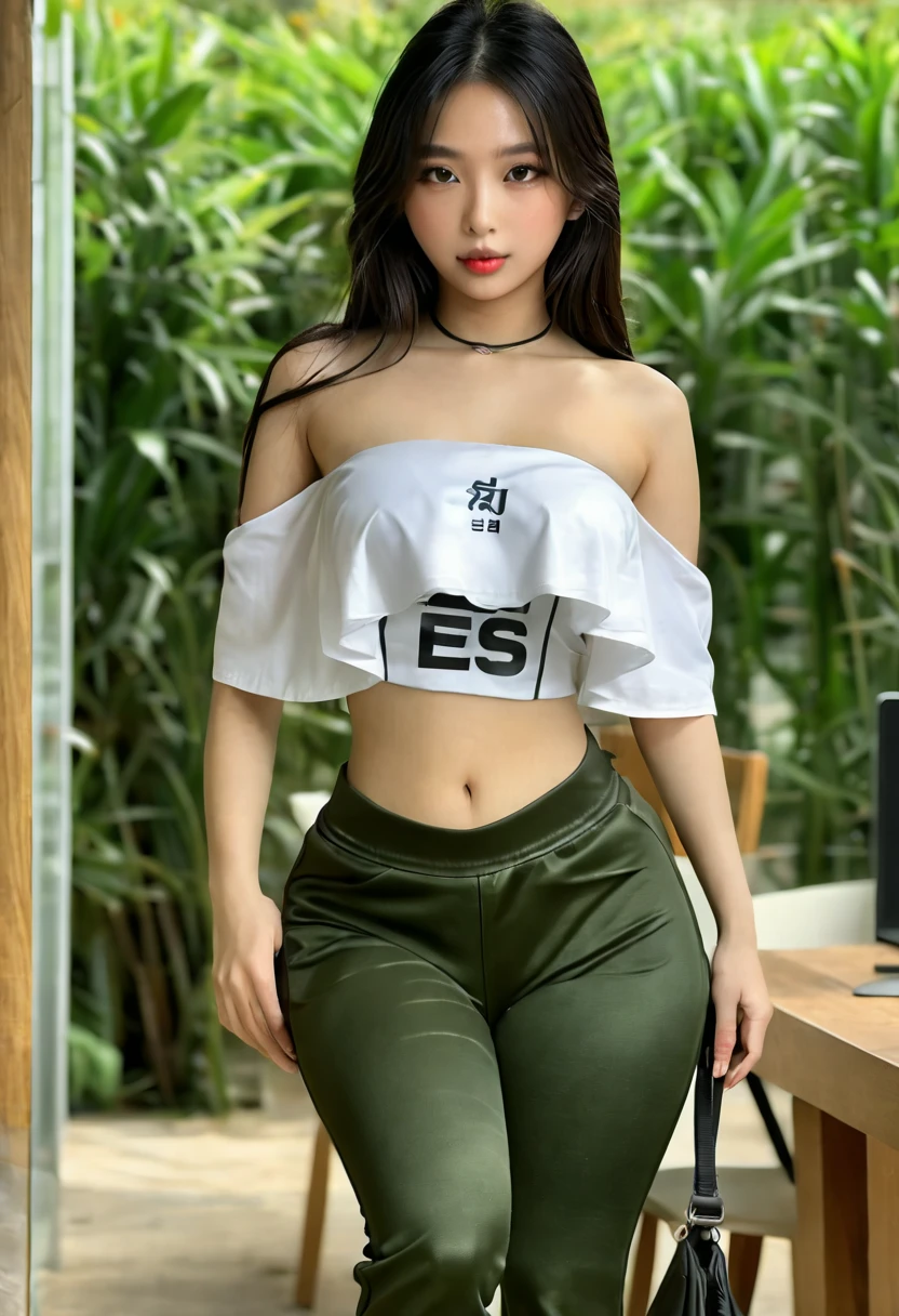 (best high quality:1.5), work of art, ((realistic, Cannon EOS 5D Mark)), (8k), extremely detailed, (High details:1.4), solo, ((Korean Ulzzang girl with 24 years old)), ((pants, cropped strapless open underboob)),