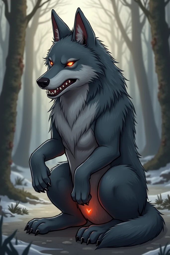 A tall female, ominous Hellhound, all black fur, long black hair, red hair highlights, Black slceras, red eyes, Long claws, sharp teeth, Wearing a (Crimson sweater with hood and black skull decor), Crouching, in a forest at night, Pussy, NSFW, Black pussy