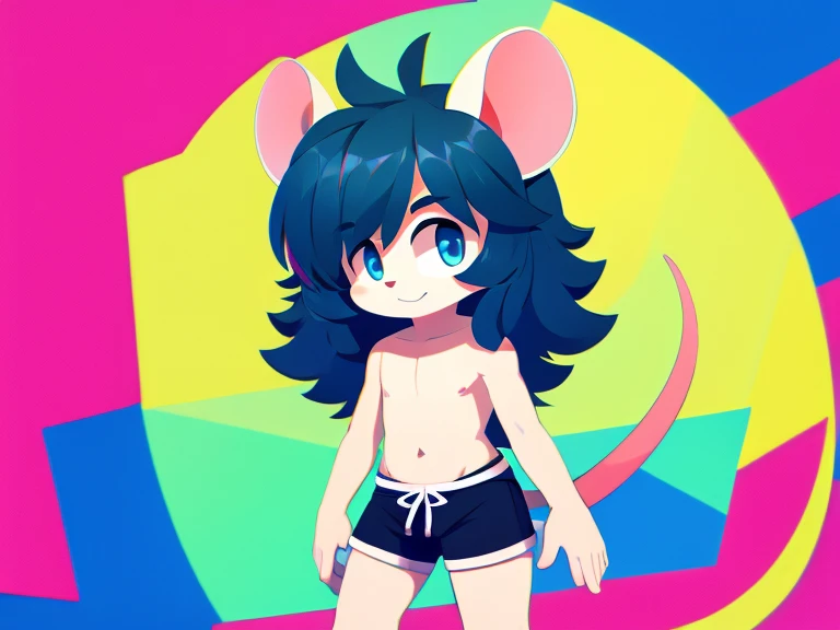 Colorful background, beautiful, very high quality, cute white mouse boy, thick hair, detailed body, shirtless, shorts 