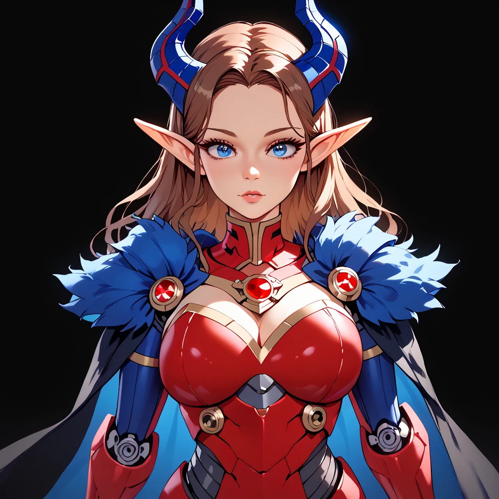 score_9, score_8_up, score_7_up, ((Masterpiece)), ((highres)), a detailed cyborg girl, long brown hair, cybernetic waist cape, beautiful anime eyes, red cyborg armor, cyberntic horns, defined elf ears, defined eyes, blue iris, long eye lashes, defined nose, curvy, ((black background))