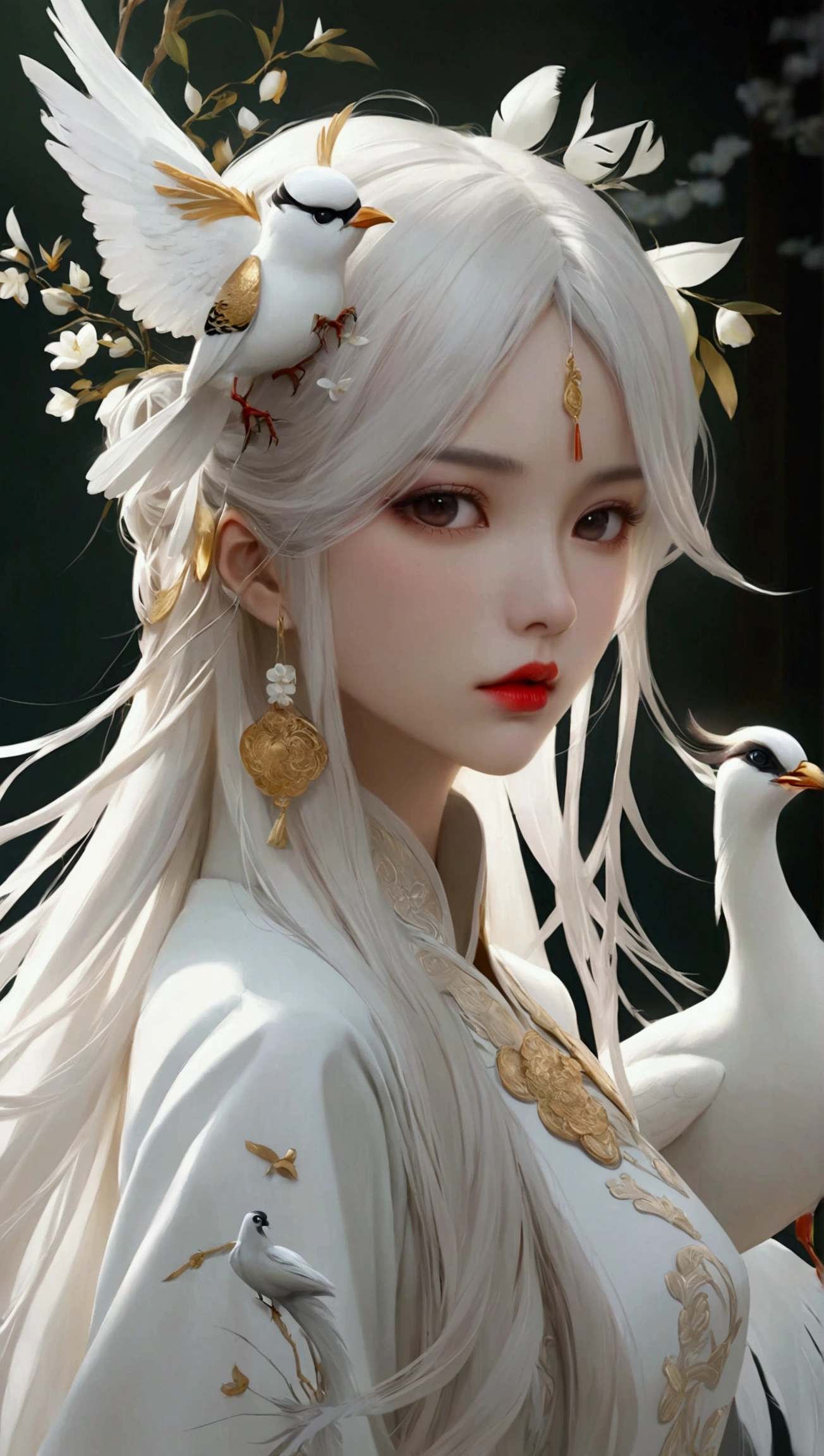 Chinese , 1girl, white long hair, beautiful detailed lips, white long dress, white feather and bird around, cool stand pose , พื้นหลังสีดำ , กลางคืน 