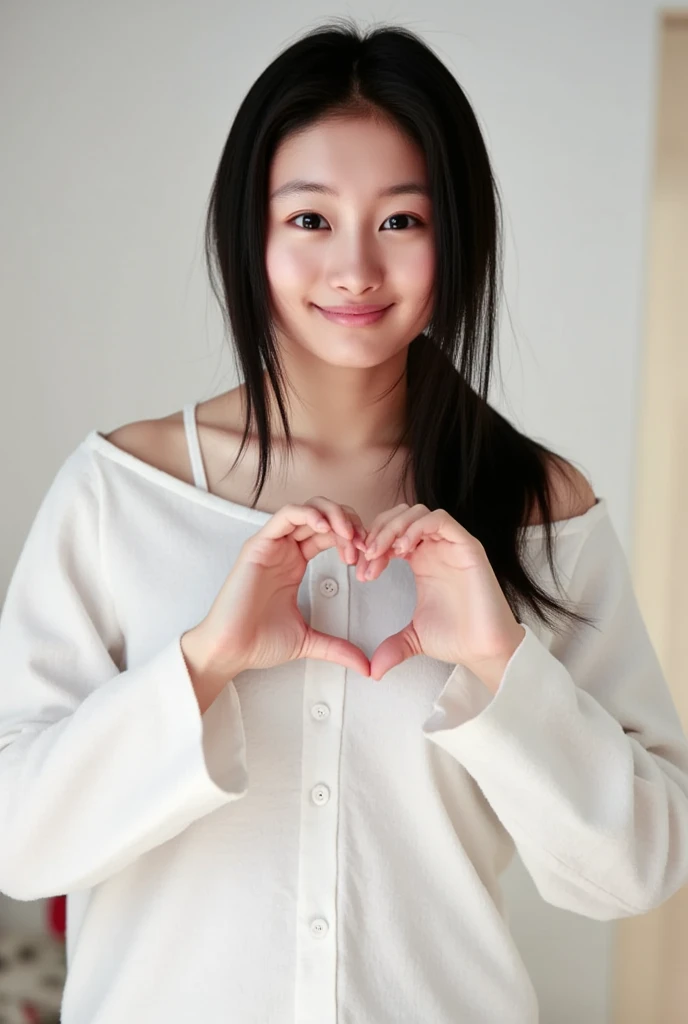 Only one woman with a cute smile wears cute, fluffy off-shoulder pajamas, makes a big heart shape with both hands, and poses them in front of her chest, View above collarbone、The background is a monotone 、
