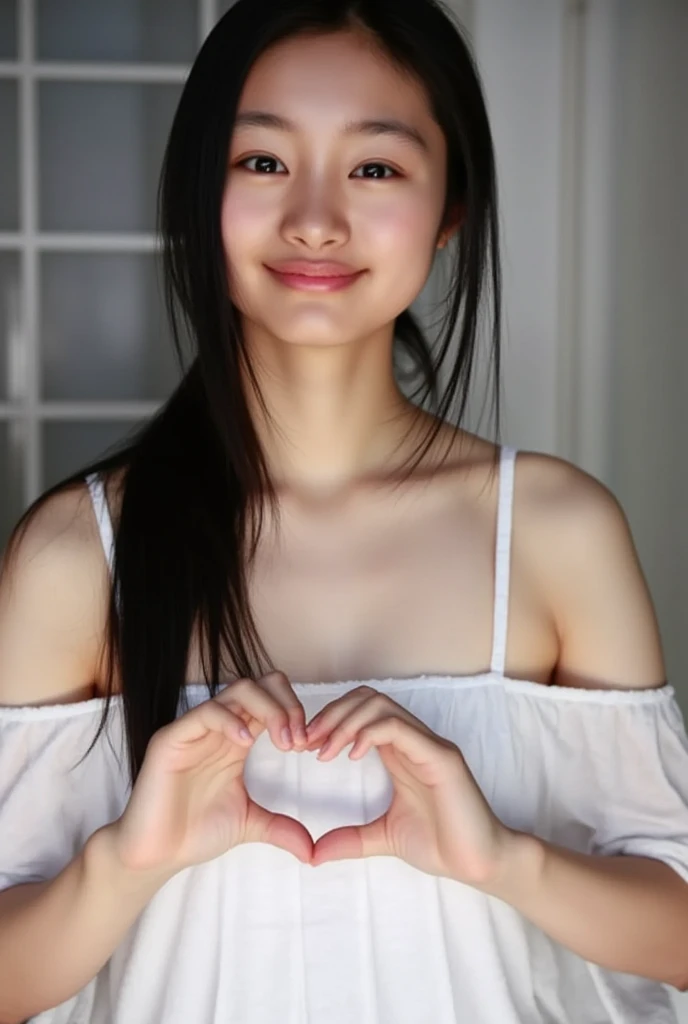 Only one woman with a cute smile wears cute, fluffy off-shoulder pajamas, makes a big heart shape with both hands, and poses them in front of her chest, View above collarbone、The background is a monotone 、
