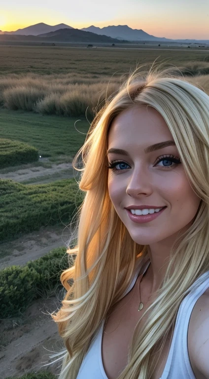 in the grand canyon united states there is a beautiful pretty blonde american woman, 23 years age, hot with tied hair, tight white t-shirt and jeans, in the grand caniyon, smiling, huge bust