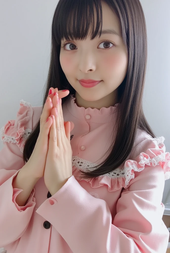 Only one woman with a cute smile wears cute, fluffy off-shoulder pajamas, makes a big heart shape with both hands, and poses them in front of her chest, View above collarbone、The background is a monotone 、
