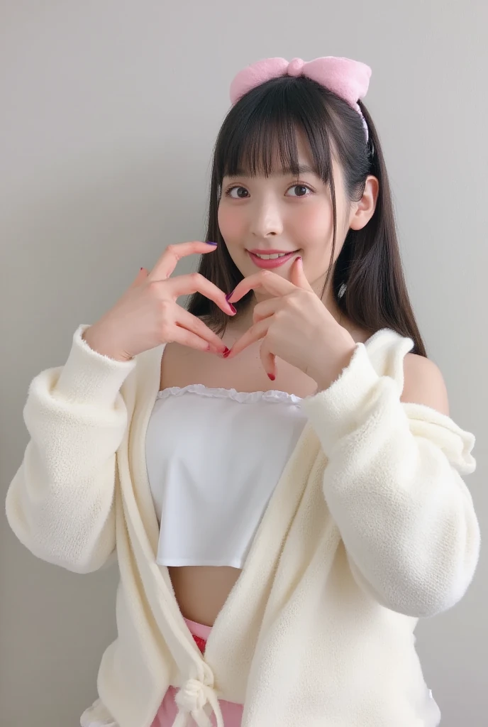 Only one woman with a cute smile wears cute, fluffy off-shoulder pajamas, makes a big heart shape with both hands, and poses them in front of her chest, View above collarbone、The background is a monotone 、
