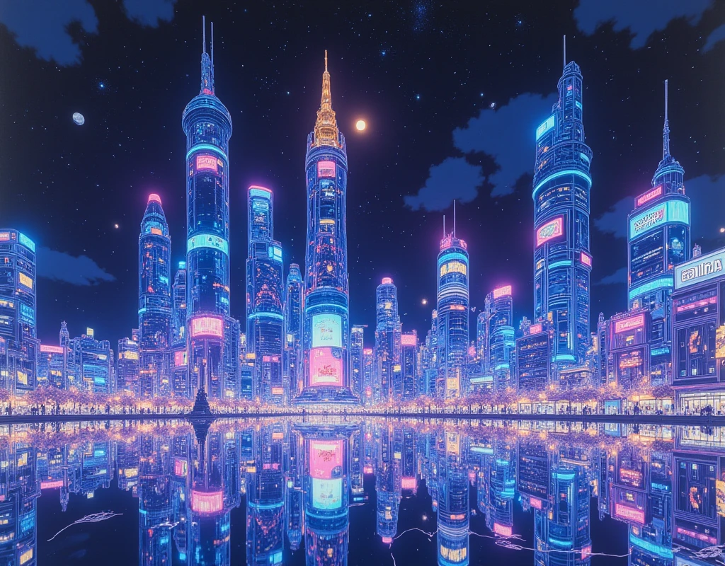 A breathtaking, artistic depiction of a futuristic city skyline reflected on a calm, mirror-like body of water during twilight. The skyscrapers are illuminated with vibrant neon lights in shades of blue, purple, and gold, creating a dazzling gradient of colors. The reflection in the water is slightly distorted, adding a dreamlike quality. Above, the sky transitions from deep indigo to a star-speckled night, with hints of a glowing moon casting gentle light over the scene. The composition is balanced and mesmerizing, evoking a sense of wonder and creativity,vintage anime, intricate art work