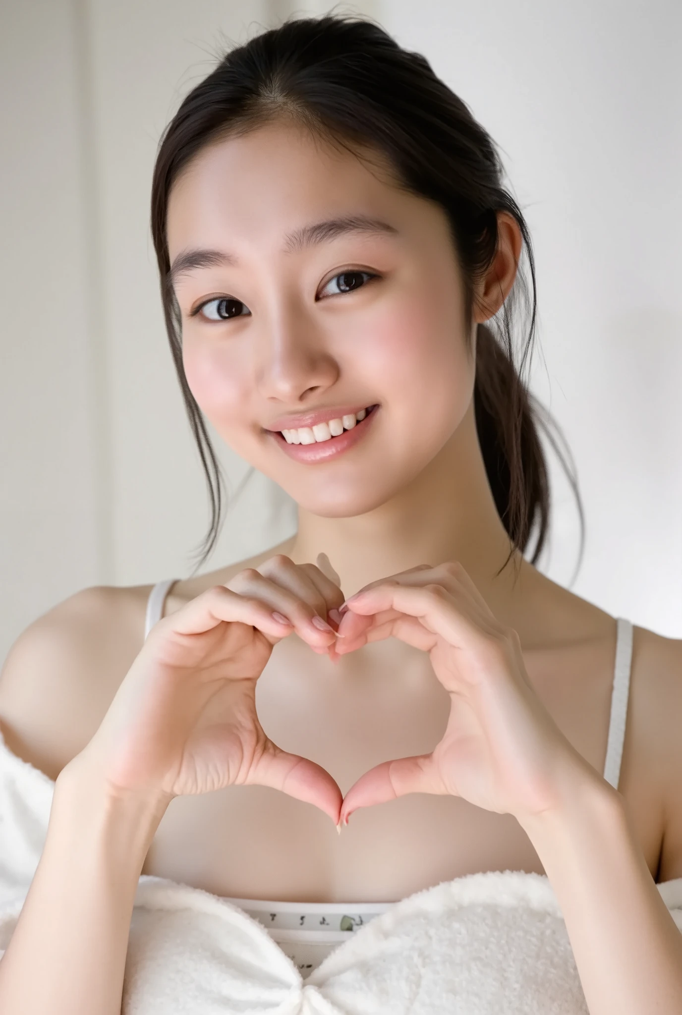 Only one woman with a cute smile wears cute, fluffy off-shoulder pajamas, makes a big heart shape with both hands, and poses them in front of her chest, View above collarbone、The background is a monotone 、
