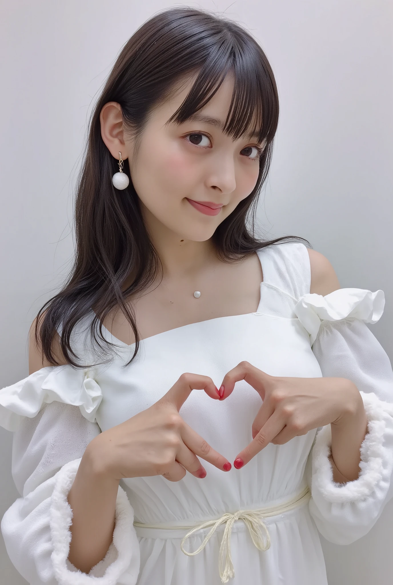 Only one woman with a cute smile wears cute, fluffy off-shoulder pajamas, makes a big heart shape with both hands, and poses them in front of her chest, View above collarbone、The background is a monotone 、
