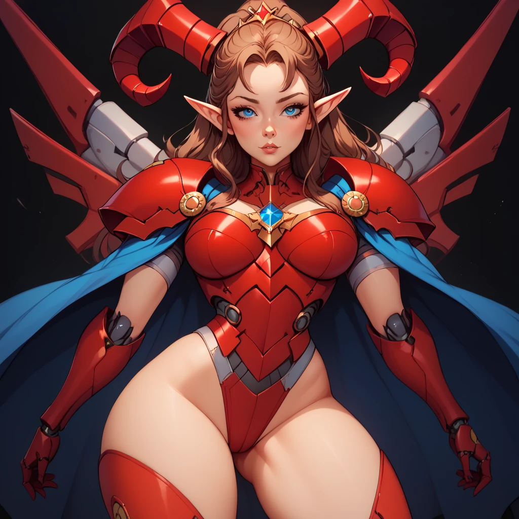 score_9, score_8_up, score_7_up, ((Masterpiece)), ((highres)), a detailed cyborg girl, long brown hair, cybernetic waist cape, beautiful anime eyes, red cyborg armor, cyberntic horns, defined elf ears, defined eyes, blue iris, long eye lashes, defined nose, curvy, wide hips, slim waist, ((black background)), thighs up in frame