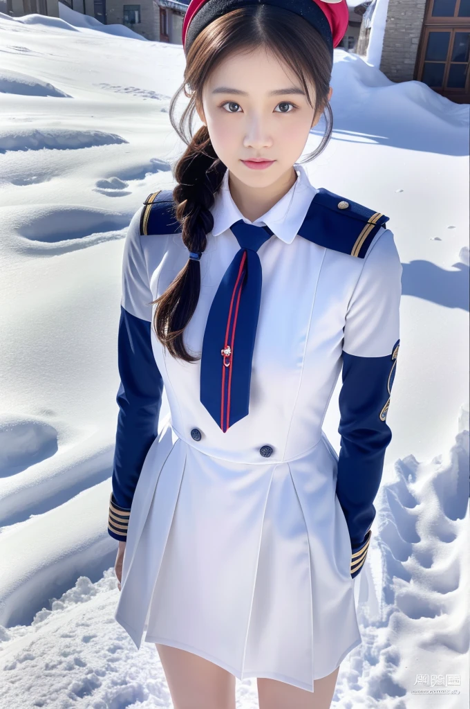 Close-up of a person in uniform standing in the snow, girl in uniform, JK uniform, Dilraba Dilmurat, gorgeous chinese model, whole body shangxia, Chen Xintong, Works that influenced Chen Yifei, Snow is the only background, Li Zixin, girl of the alps, Yanjun Cento, Inspired by Ma Yuanyu