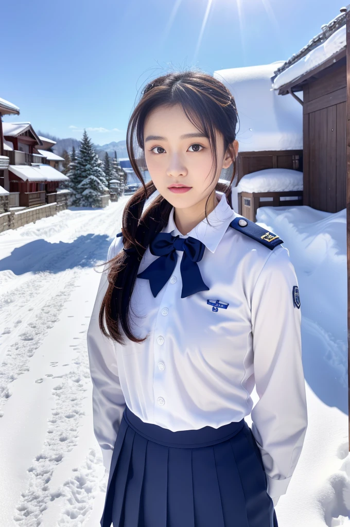 Close-up of a person in uniform standing in the snow, girl in uniform, JK uniform, Dilraba Dilmurat, gorgeous chinese model, whole body shangxia, Chen Xintong, Works that influenced Chen Yifei, Snow is the only background, Li Zixin, girl of the alps, Yanjun Cento, Inspired by Ma Yuanyu