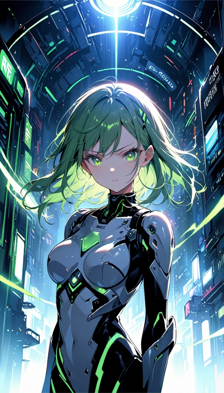 A man, hologram, thin and athletic body, very white and pale skin, bright green eyes, technological and holographic clothes, in a room