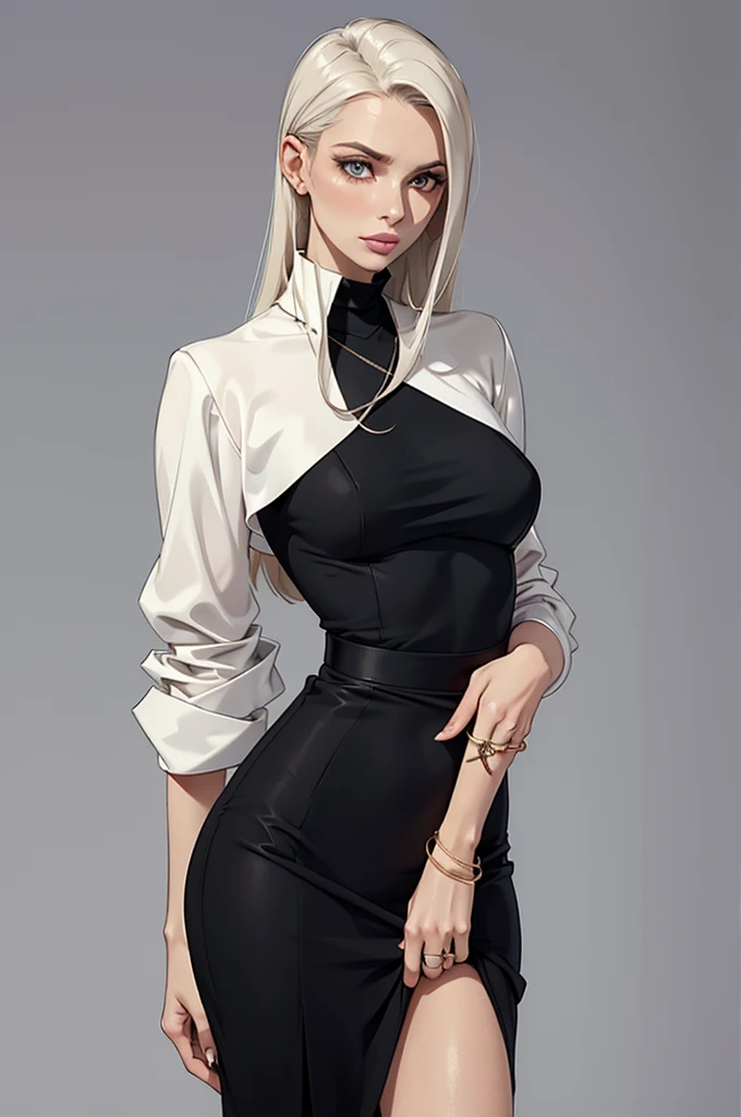 makeup, mascara, simple color palettes, one woman 25 years old, solo, stylish, Clean, sharp designs, flowing silhouettes, Tight skirts, high-waisted skirts , simple dresses, shirts and blouses, asymmetrical, geometric, Elegant and luxurious materials and designs, turtleneck, long sleeves, Simple, minimal accessories, Slim necklaces and rings in silver or gold, Simple bangles, Distinctive designs, simple silhouettes, chic and mature impression, simple and sophisticated style, elegance, minimalism, high quality materials, cool and urban impression, high fashion, , simplicity and sophistication, plain black dress, chic grey dress, platinum blonde, large breasts, [Victoria Beckham]. [[Kate Beckinsale]]

