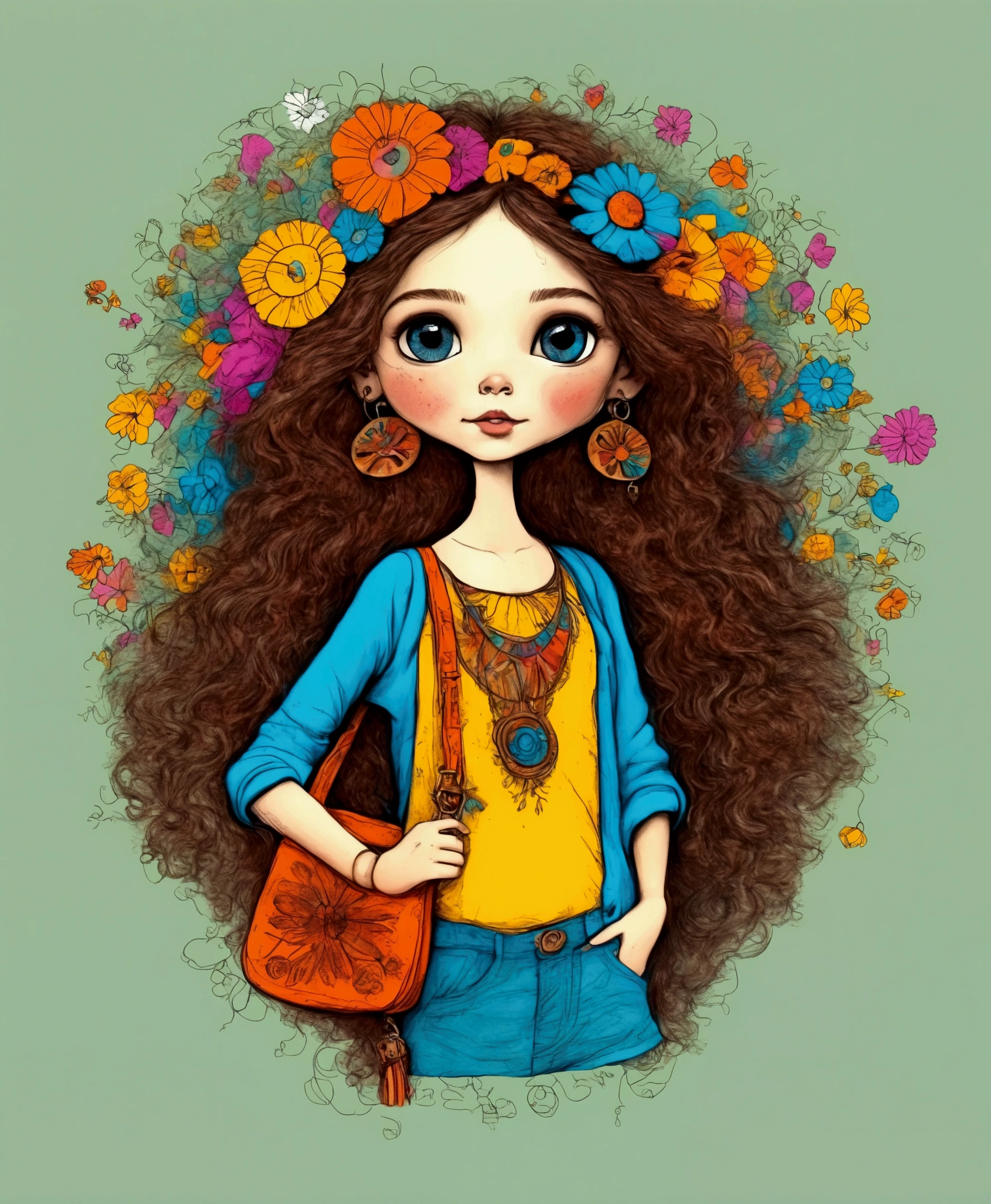 , un dibujo de una niña con un signo de la paz y un bolso, un boceto a lápiz de color inspirado en Ammi Phillips , cg society, ganador del concurso , toyism, Hippie girl, hippy, Hippie chic, Hippie fashion, hot summertime Hippie, 1 9 8 0 s flower power hippy, coloreado con muchos colores, coloreado en, Hippie, AniPnyXLQual, (negative_v2 Color_Balance_Calibration:0.8), eznegativexl,