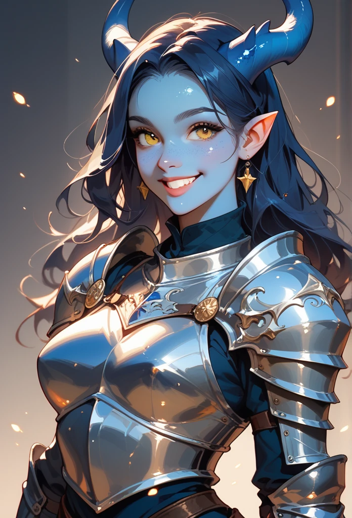 female knight, full knight armour, Adult female kobold, with long dark blue hair, long hair, yellow eyes, blue scale skin and small blue horns, and an athletic body. small loving smile.