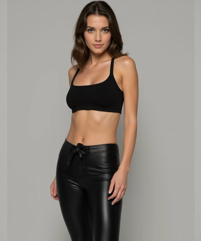 a woman in a black blouse and black pants posing for a photo, wearing tight black clothes, smooth body features, usando um top cropped sexy, that&#39;s why, sports bra and shirt, toned shape, Physicist : smallest belly ever, wearing simple, tight-fitting clothes, wearing a short top, short shirt and strong abdomen, open chest clothing