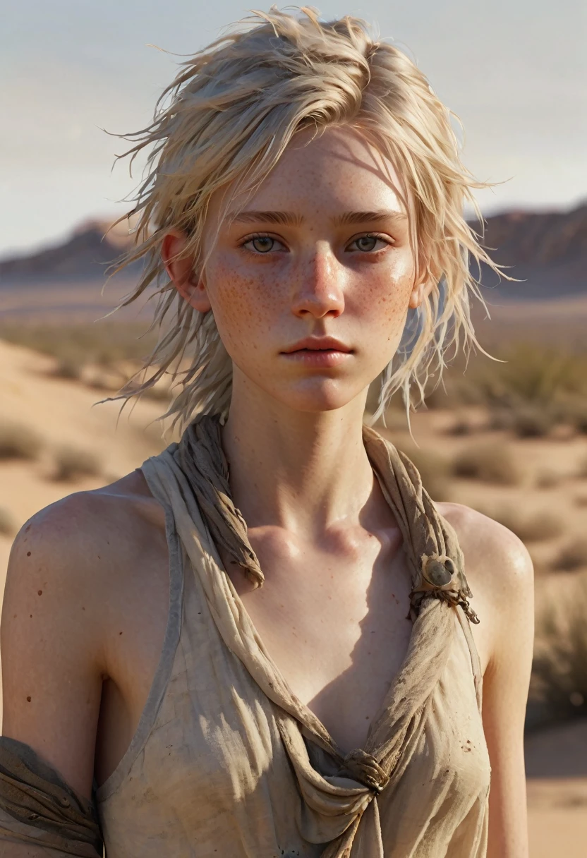 Masterpiece, half body shot, transitioning to a desert landscape at sunset, a lone figure walking, a beautiful 11 years old young American tween girl emerges wearing nothing , no clothes, very pale skin, light blond hair, blue-grey eyes, a few very light freckles, skinny runners body, very small breasts, very detailed face, ultra realistic face, very beautiful thin face, clean face, exhausted face, young looking, very young, juvenile face, post-apocalyptic clothing. Layers of tattered fabric, unconventional accessories, an aura of survival and resilience, 16K, ultra high res.photorealistic, UHD, RAW, DSLR,naked