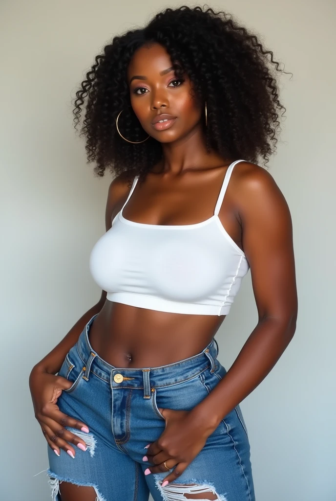 20yo woman, adult woman, African woman, detailed curly black hair, detailed face, ((blue jeans and a white top)) standing in front of a beautiful house scene, soft lighting, waiting to make love to you, portrait, sexy woman, beautiful woman, athletic build, gorgeous woman, dark skin
