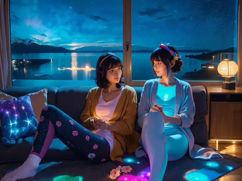 Two Women .(Nightsky.starry).window (8k)  Inside  room. (Yarn) .  colorful. cardigan. Pajama. Ribbon. Sofa sit.Neon.glowing colorful light .socks. (leggings)shortcut hair(flower pattern ))longhair. Headband