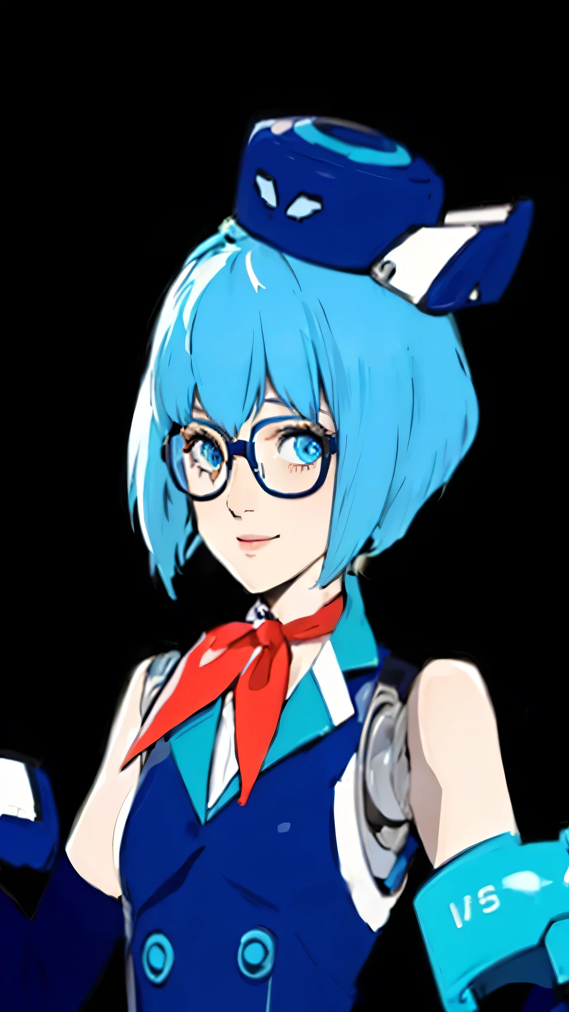 1 Cyborg girl, blue eyes, hay, blue hair, glasses, Smile, uniform, white background 