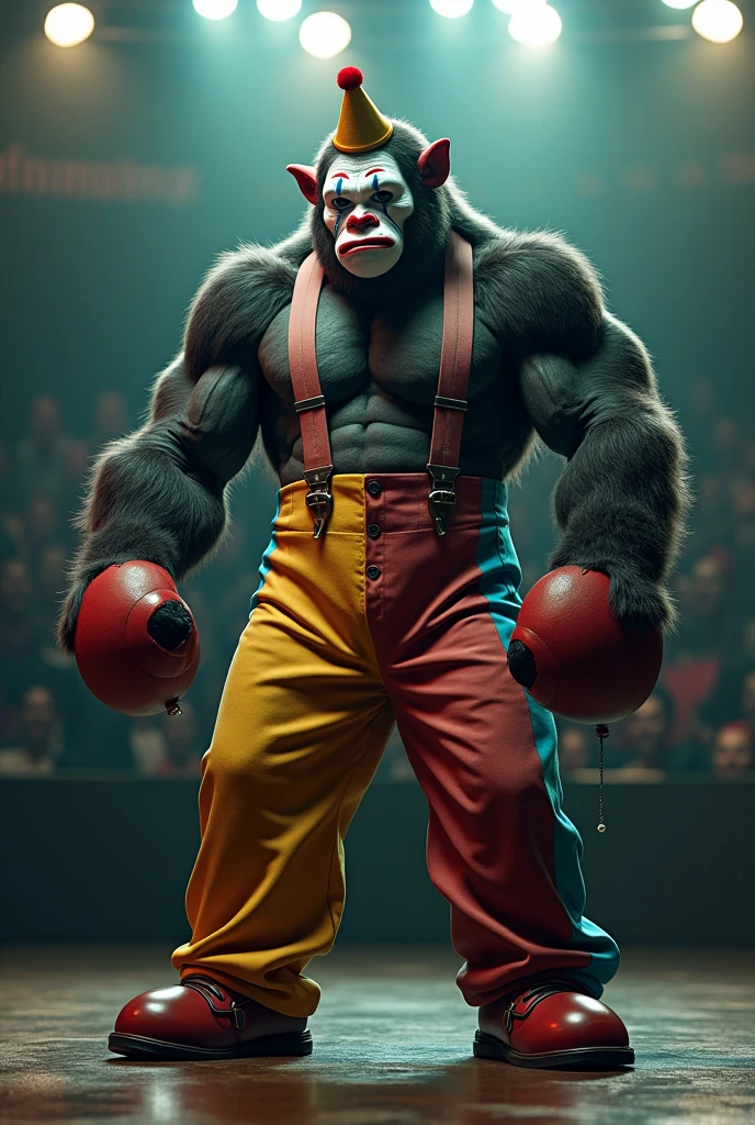 Wrestler, Donkey Kong, full body, cinematic still, cinemascope, (best quality, masterpiece), very aesthetic, perfect composition, intricate details, ultra-detailed, vivid colors