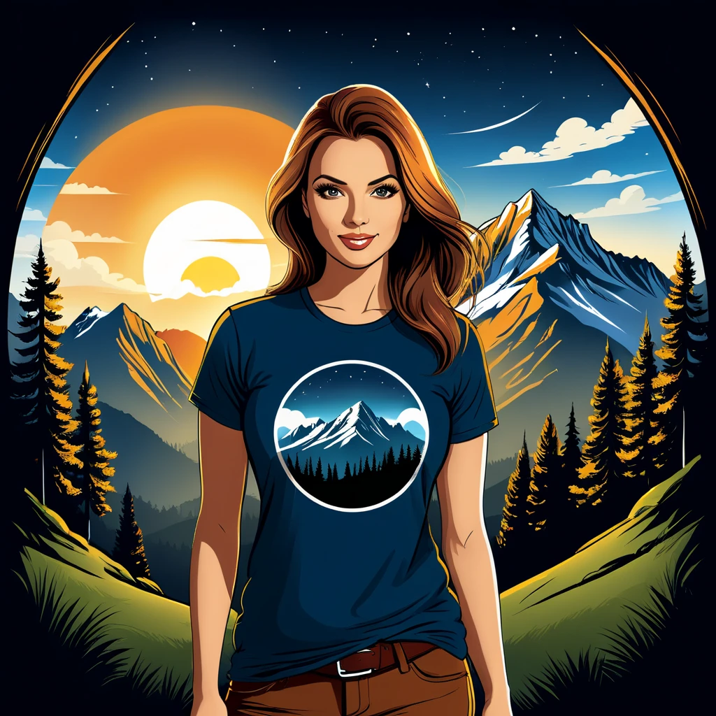 print ready vector t-shirt design, adventure scene with explorer, with beautiful nocturnal sun and mountain in the background, clean white background, professional vector, full shot, 8K resolution, deep impression illustration