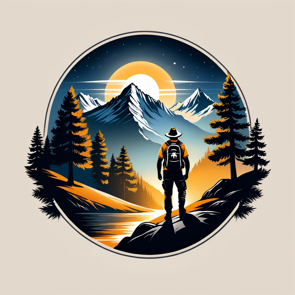 print ready vector t-shirt design, adventure scene with explorer, with beautiful nocturnal sun and mountain in the background, clean white background, professional vector, full shot, 8K resolution, deep impression illustration