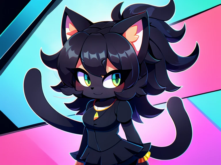 Colorful background, beautiful, very high quality, three ren, a cute black cat, thick hair, a detailed body, normal clothes 