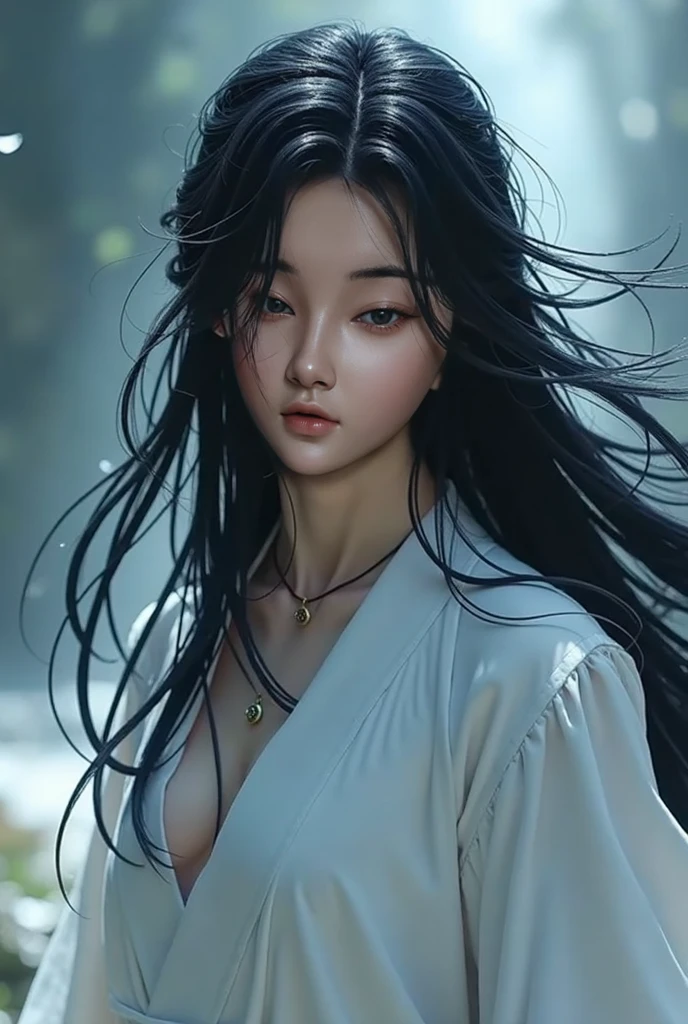 Sadako, Soaked, wet robe, gray colored skin, Hair covers the face, sexy for.