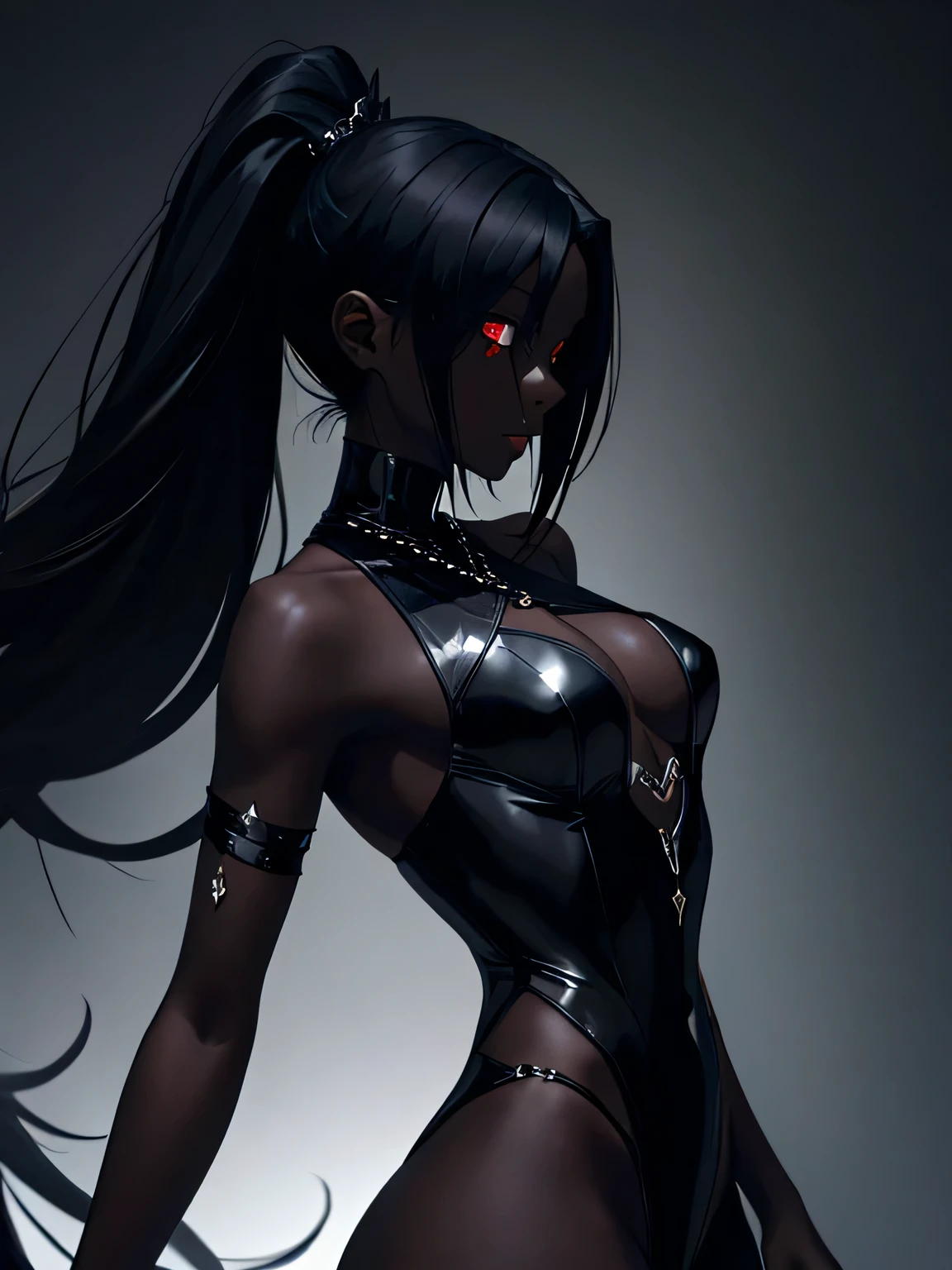 gloomy demon girl, grim girl, black skin, ash skin, pitch black skin, black long hair, chains as the weapon, sharp thorned flail, less clothing